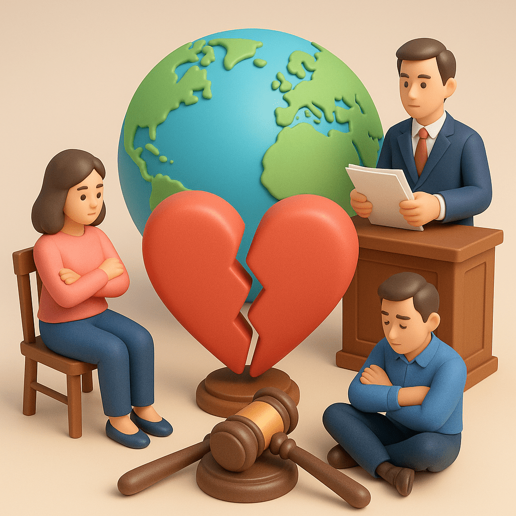 Розлучення з іноземцем — 3D ілюстрація без слів і цифр, суд, адвокат, глобус, подружжя