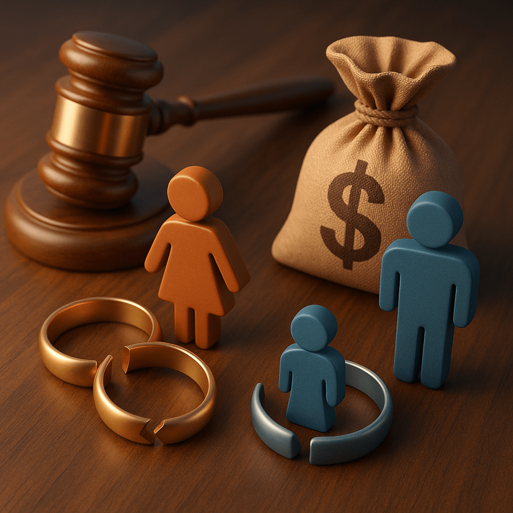 Символи судового збору при розлученні — фігурки подружжя, дитини, зламані обручки, молоток судді та мішок із грошима