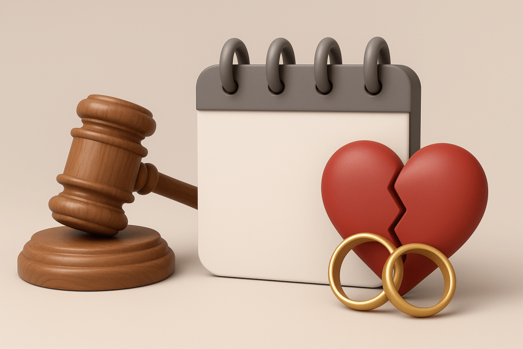 Молоток, календар і розбиті обручки, символізують розлучення або юридичну процедуру.