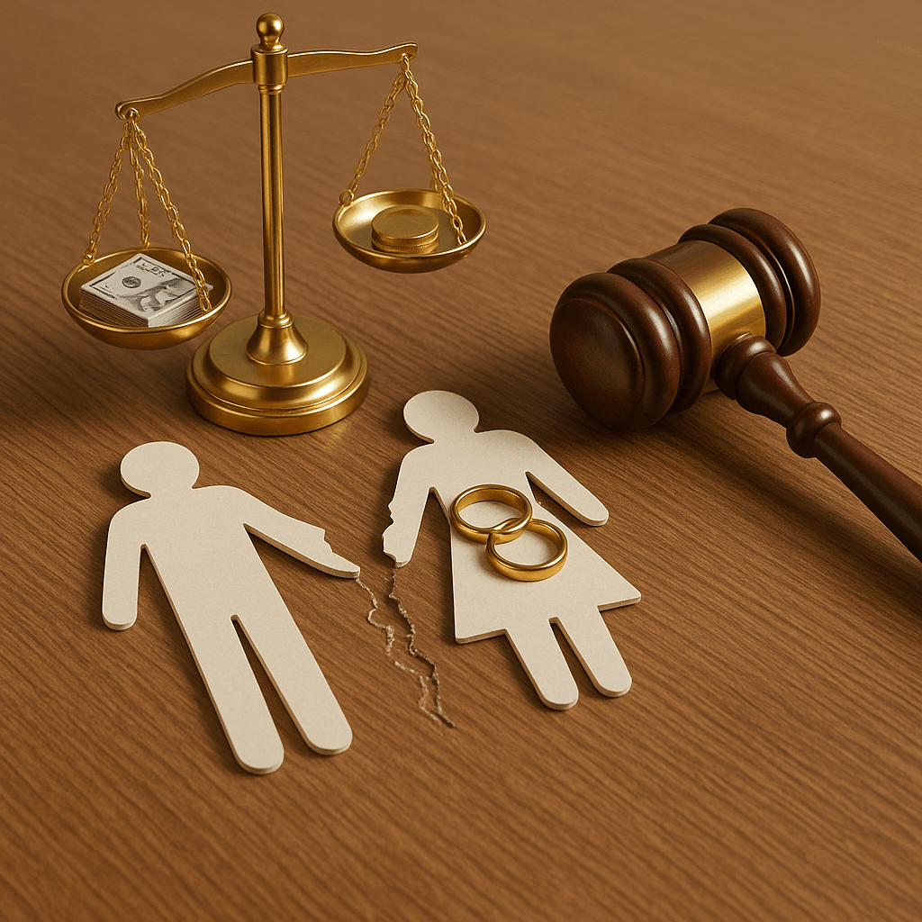 3D-ілюстрація вартості послуг при розлученні: ваги, фігури подружжя, обручки та судовий молоток