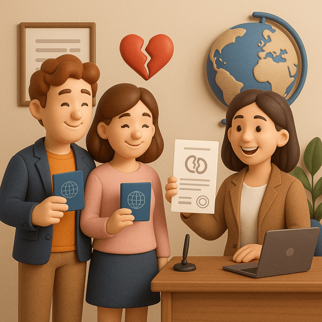 Реєстрація розлучення яке було за кордоном із зображенням подружжя, розділеного на частини, обручок та офіційного документа