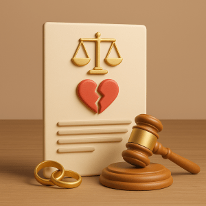 3D зображення, що символізує рішення суду про розлучення із зображенням терезів, розбитого серця, весільних кілець та суддівського молотка