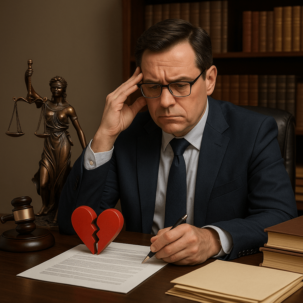 Адвокат думає над затягуванням справи про розлучення, судові документи і символ розірвання шлюбу на столі