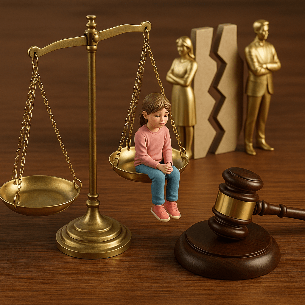 Дитина у центрі судового спору при розлученні батьків 3D зображення дитини на терезах правосуддя на фоні розлучення батьків