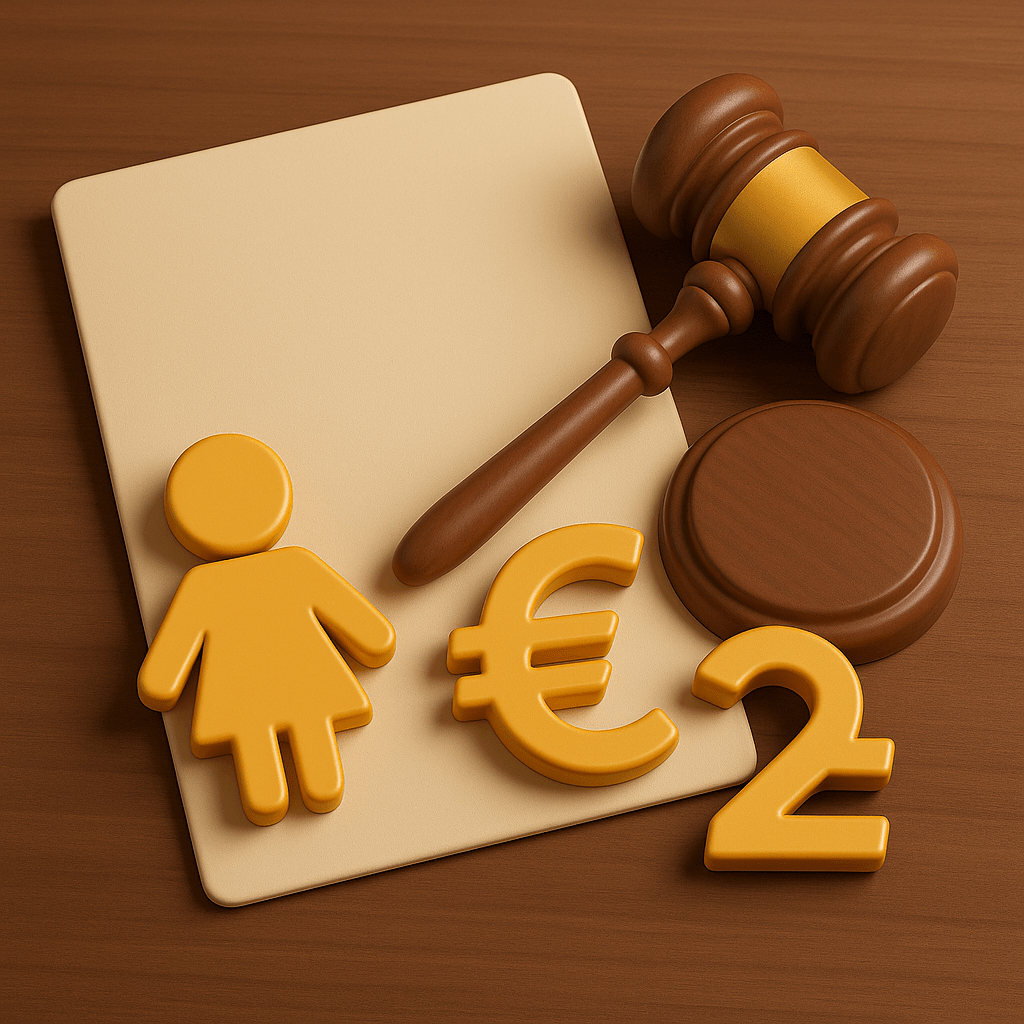 3D зображення позовної заяви на аліменти з судовим молотком та символами гривні і дитини