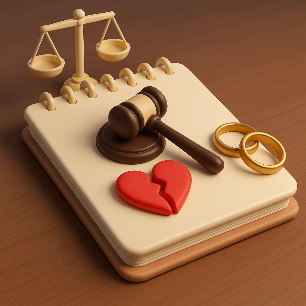 3D ілюстрація про рішення суду щодо розірвання шлюбу — судовий молоток, обручки, розбите серце, терези