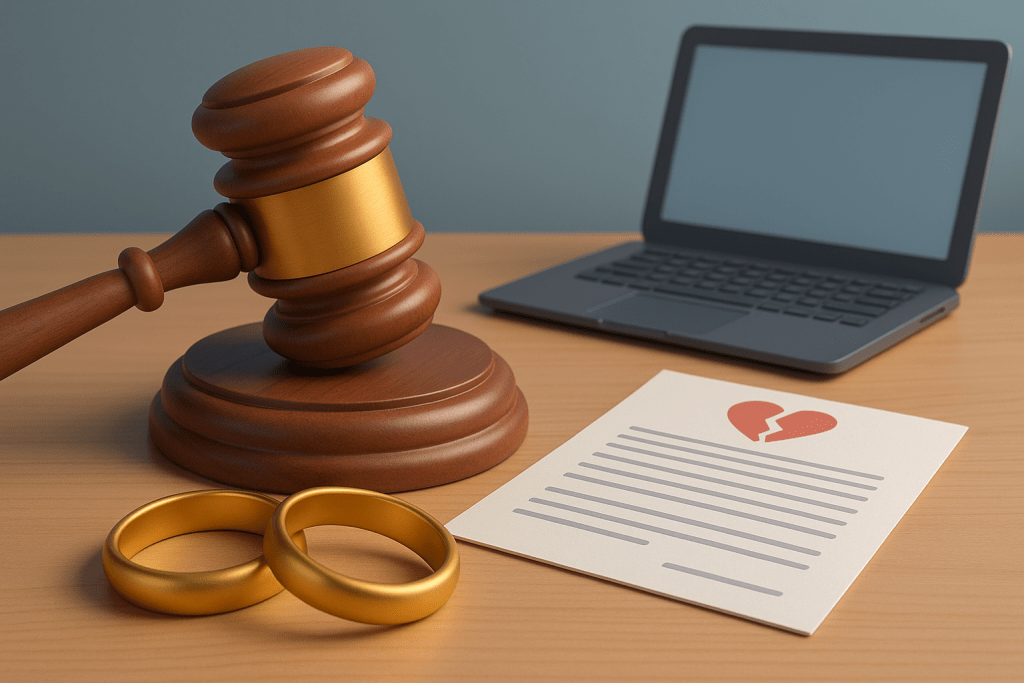 3D ілюстрація процесу розлучення без присутності подружжя — судовий молоток, обручки, ноутбук та документ із символом розриву стосунків
