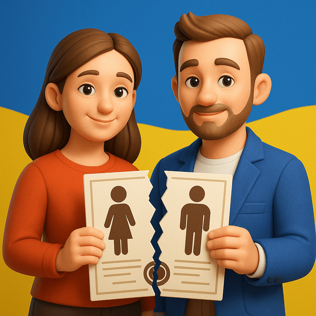 Позитивне 3D зображення пари, яка символічно демонструє розлучення в Україні, тримаючи розділені частини документа на фоні українського прапора.