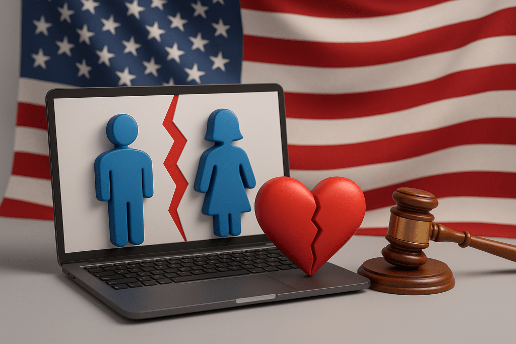 3D-ілюстрація онлайн-розлучення в США — ноутбук, розбите серце, судовий молоток та прапор США