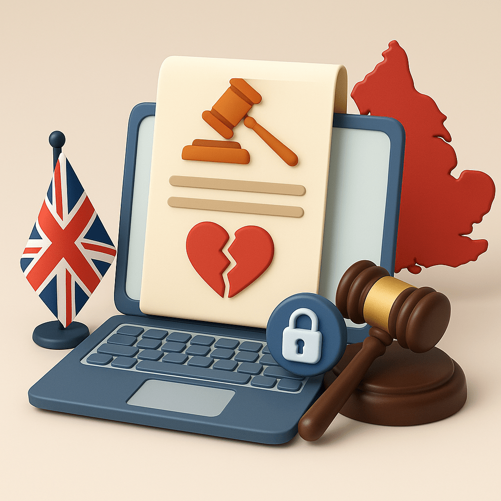 3D-ілюстрація онлайн-розлучення в Англії: ноутбук, молоток судді, прапор Великої Британії та карта Англії