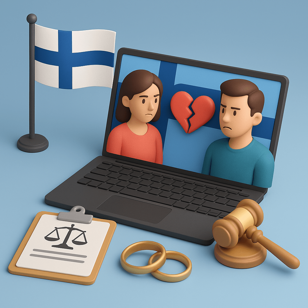 Онлайн-розлучення у Фінляндії — символічне 3D-зображення з ноутбуком, прапором Фінляндії, судовим молотком і обручками