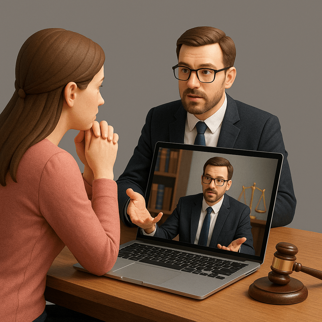 Жінка на онлайн-консультації з адвокатом щодо розлучення через ноутбук