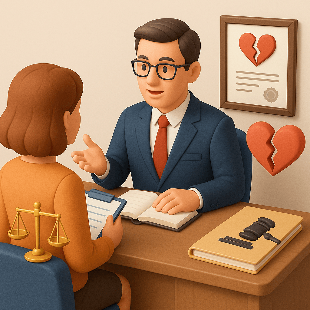 Юрист консультує жінку з питань розірвання шлюбу — адвокат за робочим столом, символи серця і Феміди