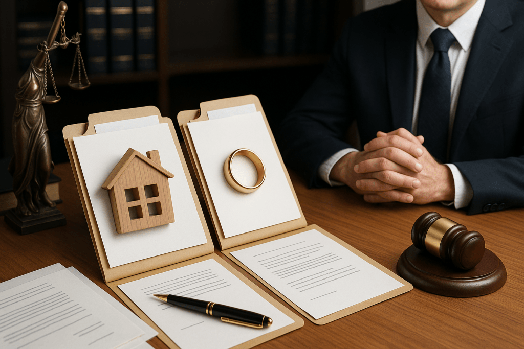 Документи на столі адвоката з фігуркою Феміди, весільною обручкою та макетом будинку