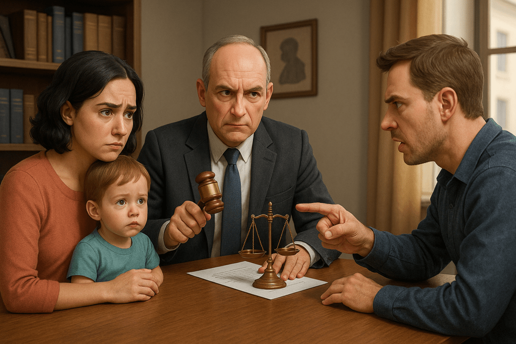 Оспарювання батьківства — емоційна сцена з дитиною, матір’ю, батьком і адвокатом